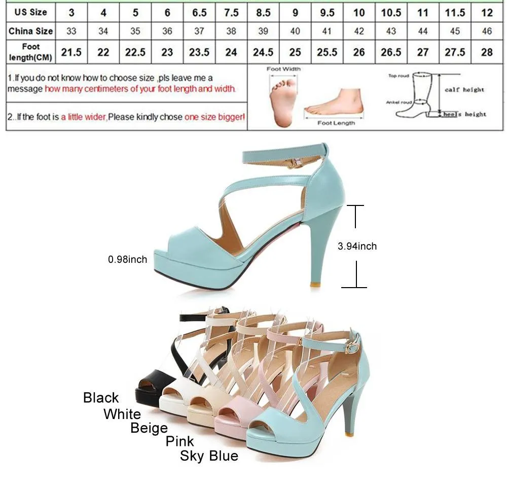Women's Fashion Summer Gladiator 10 cm High Heels Sandals - Beige,Black,Sky Blue,Pink,White