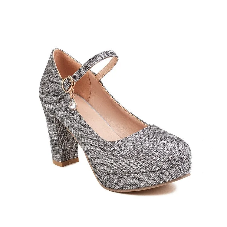 Women's Glitter Shallow Block Chunky Heel Mary Janes Platform Pumps
