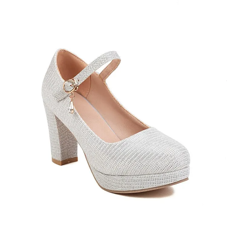 Women's Glitter Shallow Block Chunky Heel Mary Janes Platform Pumps