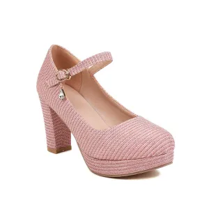Women's Glitter Shallow Block Chunky Heel Mary Janes Platform Pumps