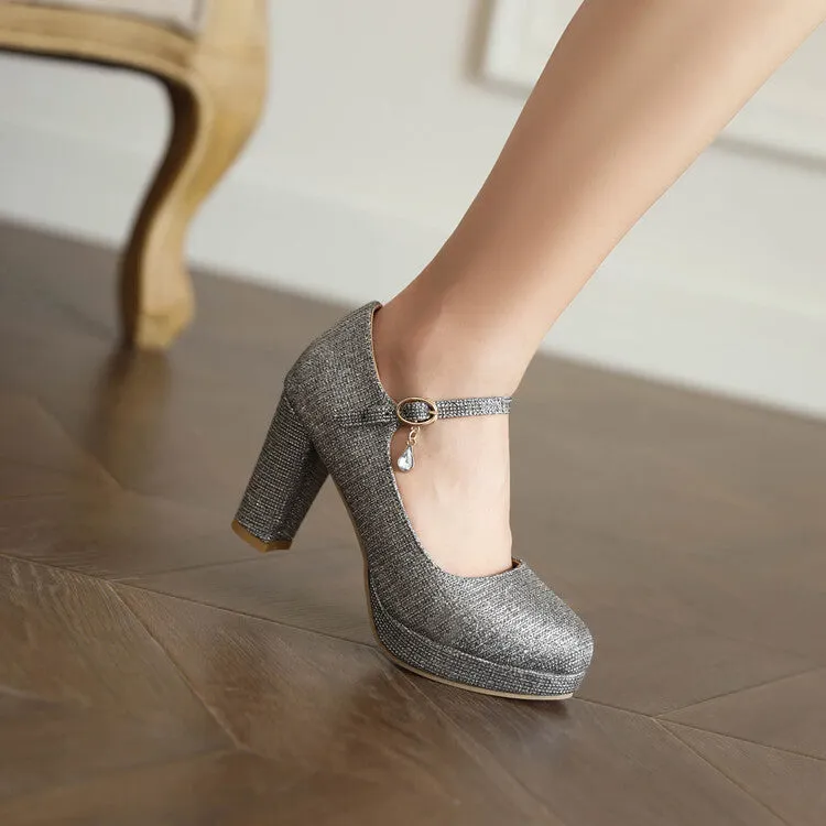Women's Glitter Shallow Block Chunky Heel Mary Janes Platform Pumps