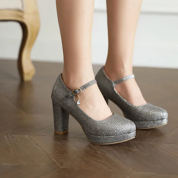 Women's Glitter Shallow Block Chunky Heel Mary Janes Platform Pumps