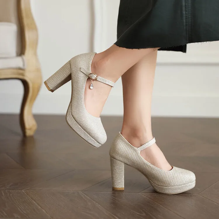 Women's Glitter Shallow Block Chunky Heel Mary Janes Platform Pumps