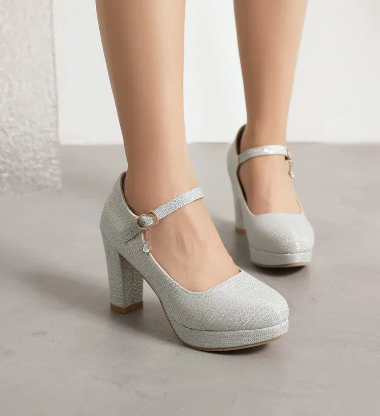 Women's Glitter Shallow Block Chunky Heel Mary Janes Platform Pumps