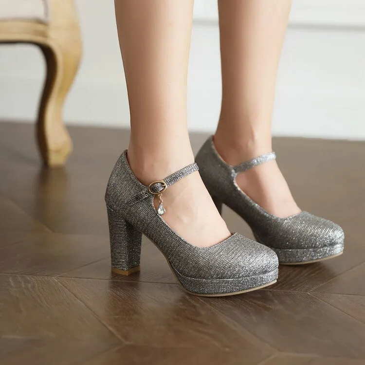 Women's Glitter Shallow Block Chunky Heel Mary Janes Platform Pumps