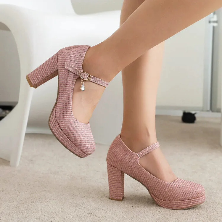 Women's Glitter Shallow Block Chunky Heel Mary Janes Platform Pumps
