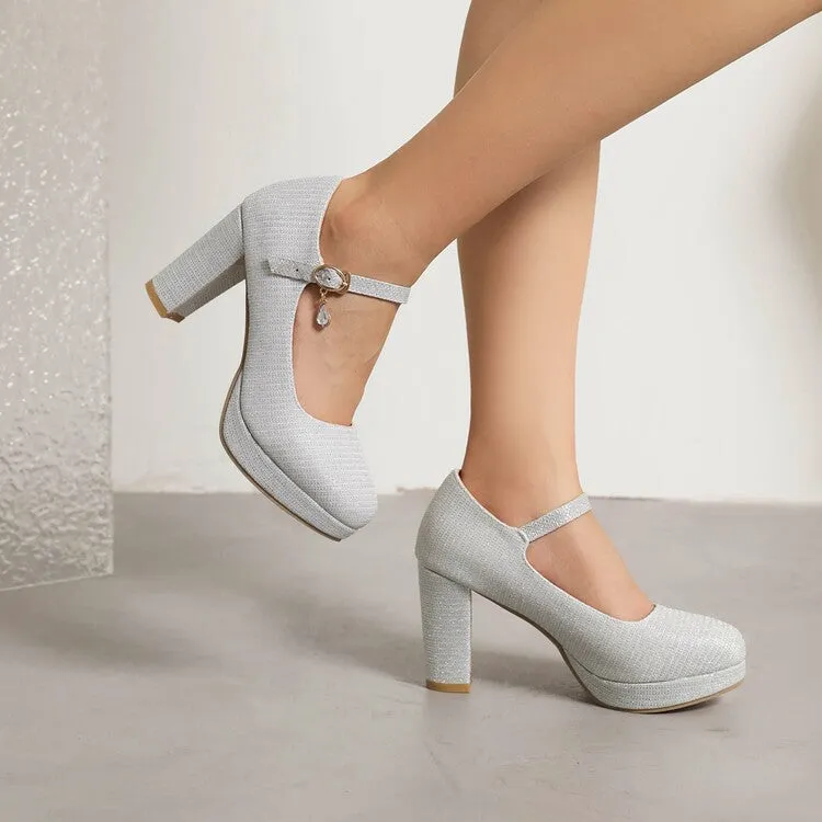 Women's Glitter Shallow Block Chunky Heel Mary Janes Platform Pumps