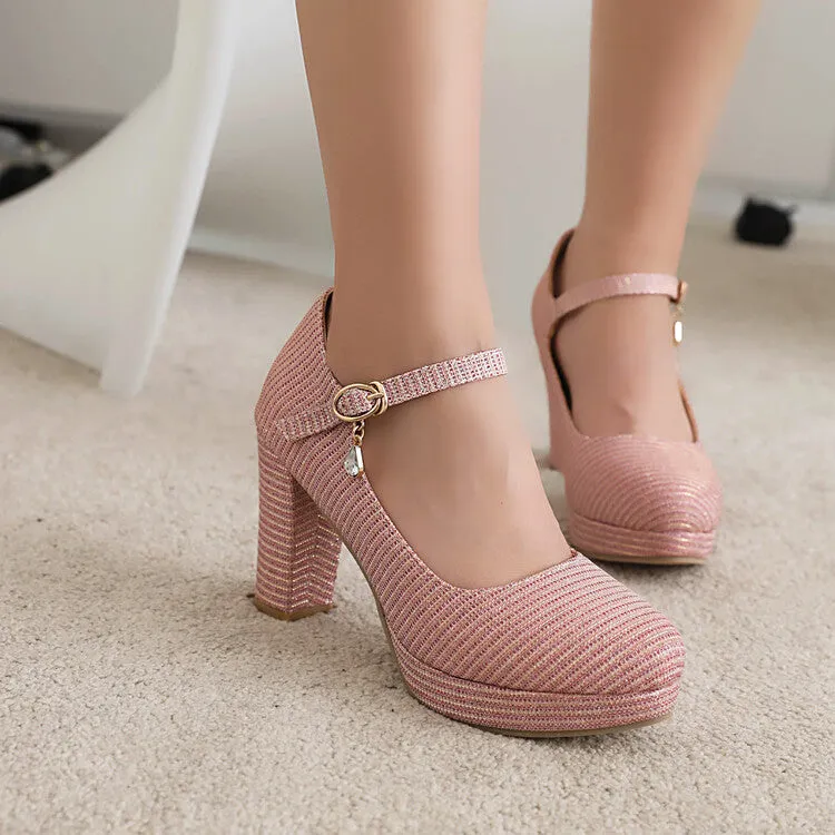 Women's Glitter Shallow Block Chunky Heel Mary Janes Platform Pumps
