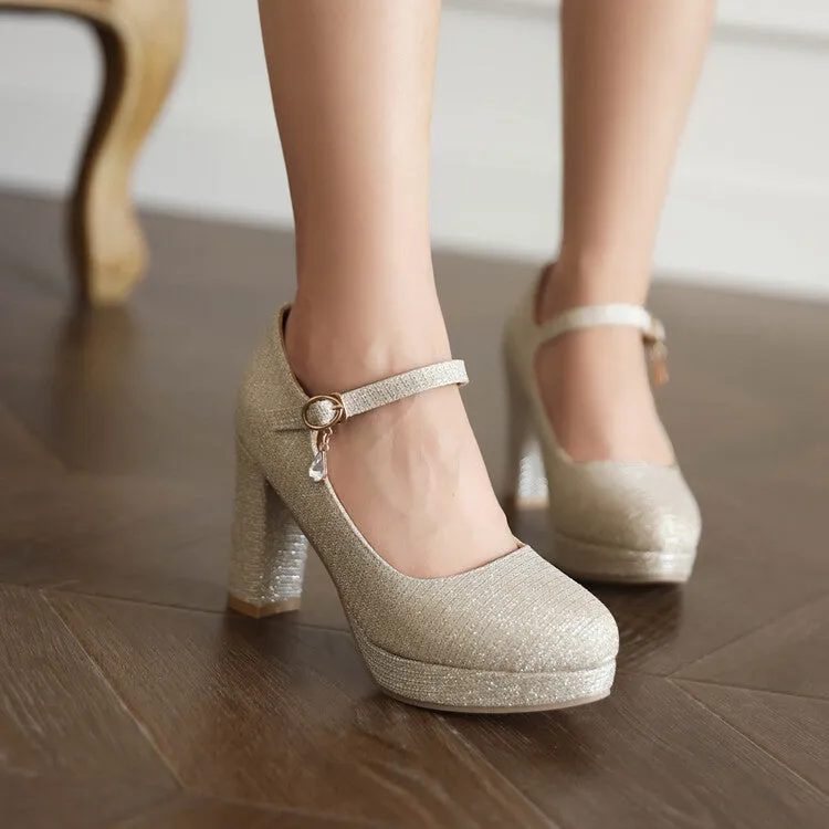 Women's Glitter Shallow Block Chunky Heel Mary Janes Platform Pumps