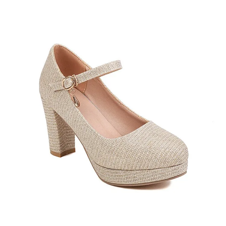Women's Glitter Shallow Block Chunky Heel Mary Janes Platform Pumps