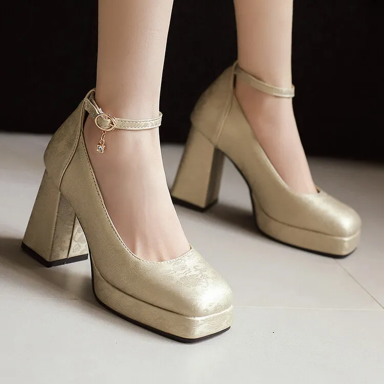 Women's Glossy Ankle Strap Square Toe High Heel Platform Pumps