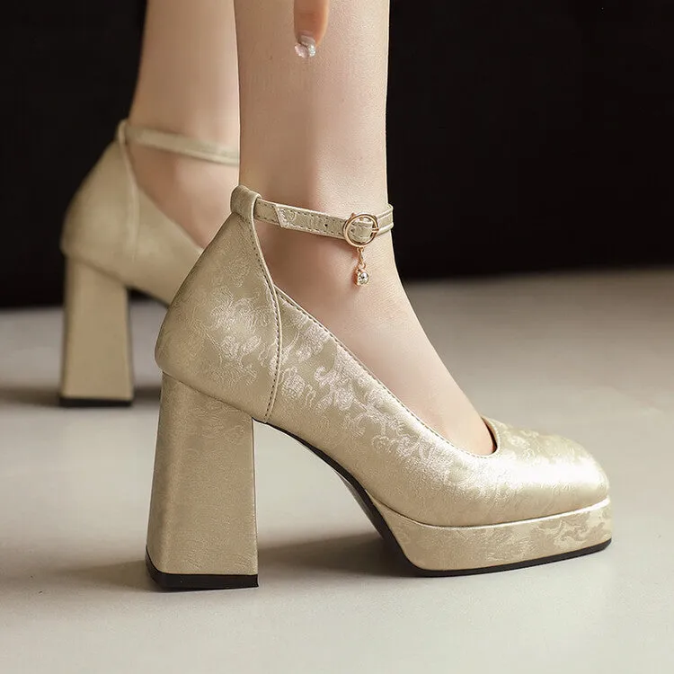 Women's Glossy Ankle Strap Square Toe High Heel Platform Pumps