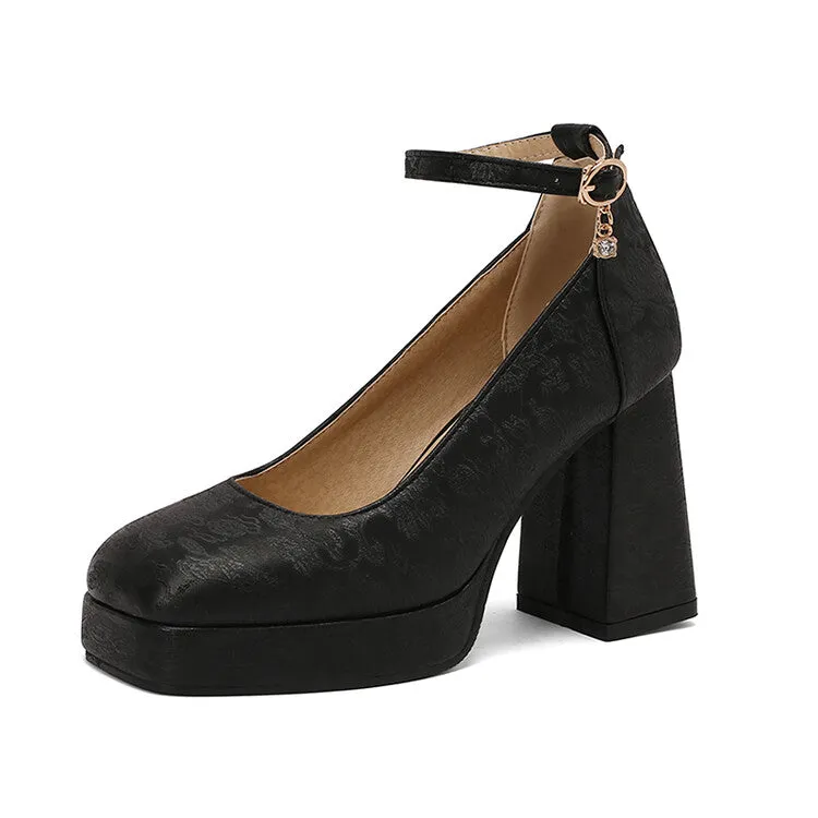 Women's Glossy Ankle Strap Square Toe High Heel Platform Pumps