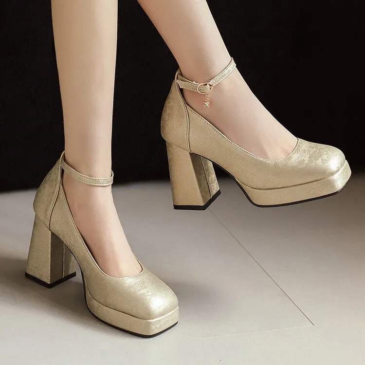 Women's Glossy Ankle Strap Square Toe High Heel Platform Pumps