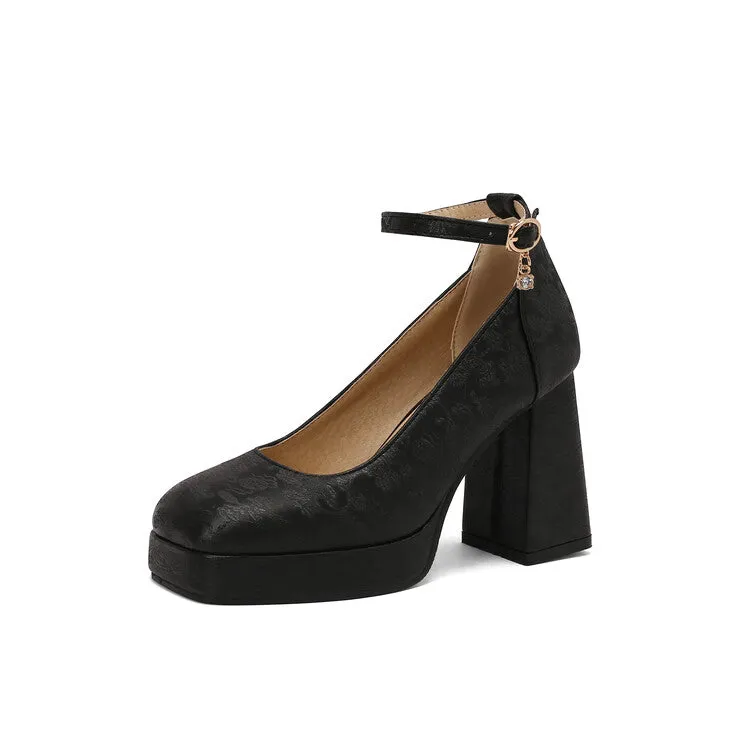 Women's Glossy Ankle Strap Square Toe High Heel Platform Pumps