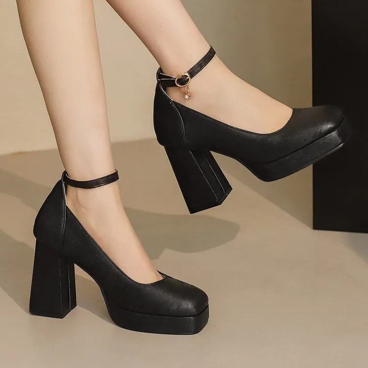 Women's Glossy Ankle Strap Square Toe High Heel Platform Pumps