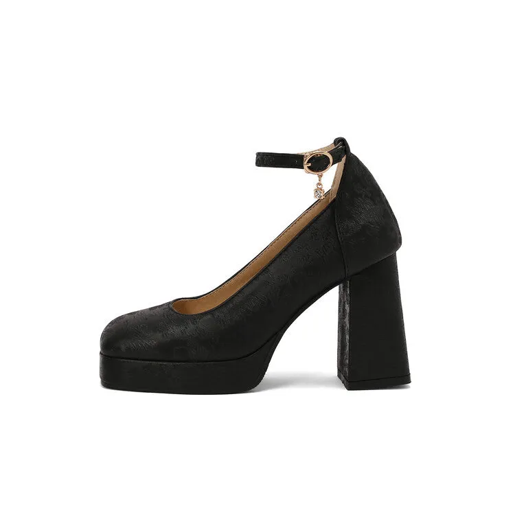 Women's Glossy Ankle Strap Square Toe High Heel Platform Pumps