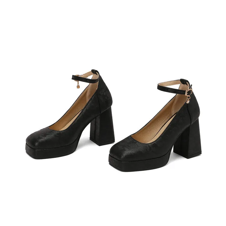 Women's Glossy Ankle Strap Square Toe High Heel Platform Pumps