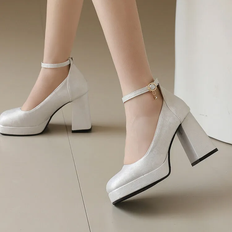 Women's Glossy Ankle Strap Square Toe High Heel Platform Pumps