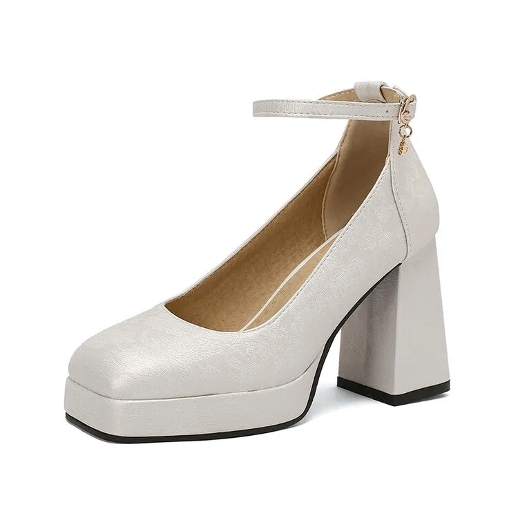 Women's Glossy Ankle Strap Square Toe High Heel Platform Pumps