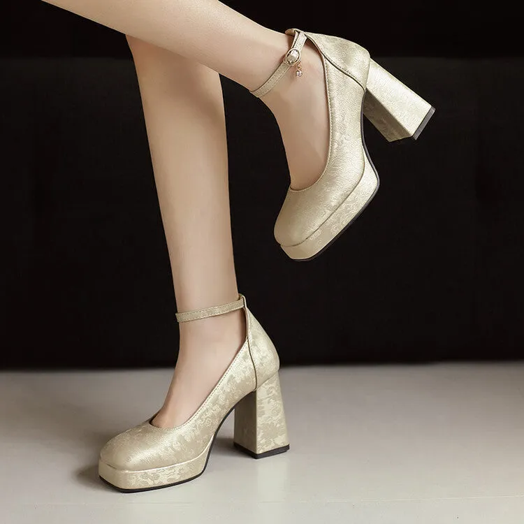 Women's Glossy Ankle Strap Square Toe High Heel Platform Pumps