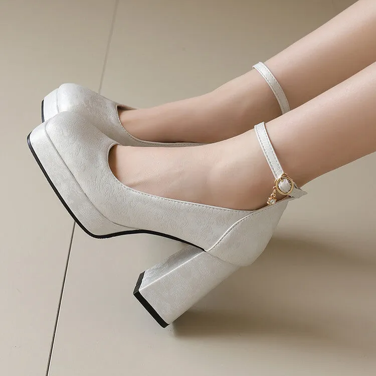 Women's Glossy Ankle Strap Square Toe High Heel Platform Pumps