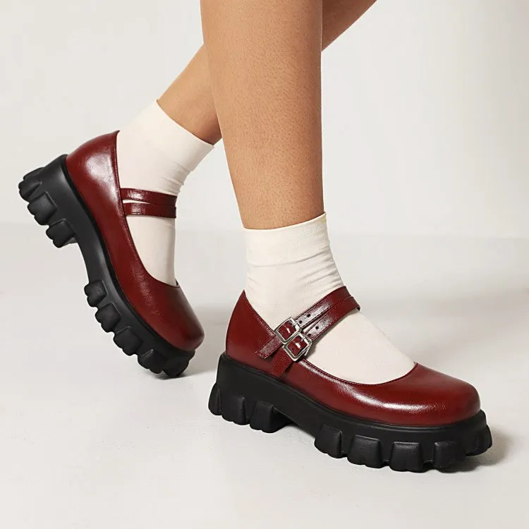 Women's Metal Buckle Platform Block Heel Mary Jane Pumps