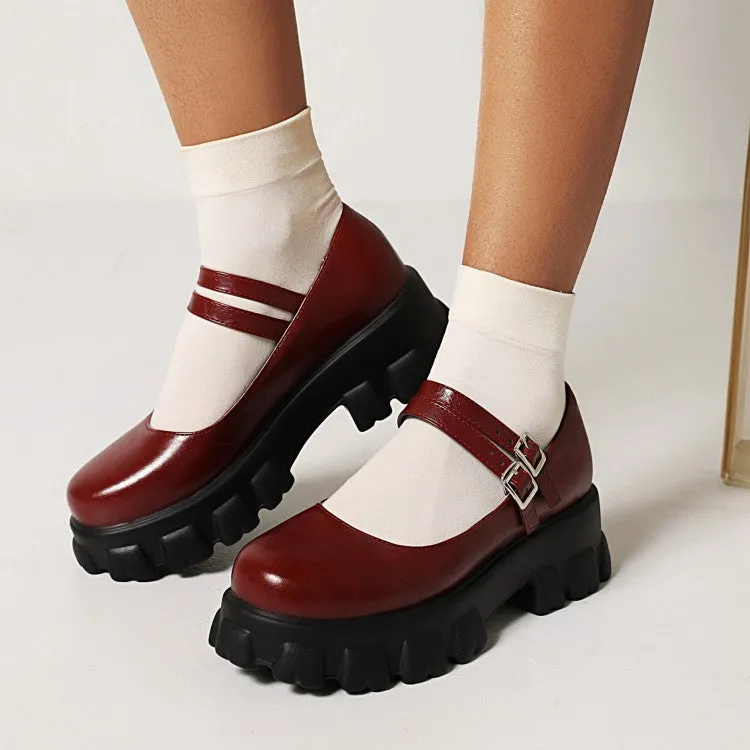 Women's Metal Buckle Platform Block Heel Mary Jane Pumps
