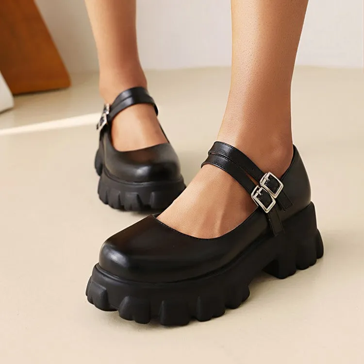 Women's Metal Buckle Platform Block Heel Mary Jane Pumps
