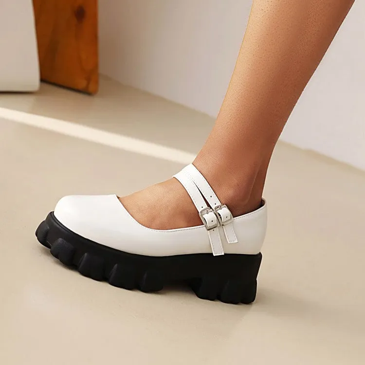 Women's Metal Buckle Platform Block Heel Mary Jane Pumps