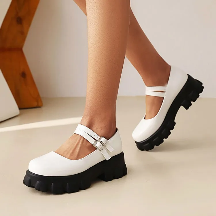 Women's Metal Buckle Platform Block Heel Mary Jane Pumps