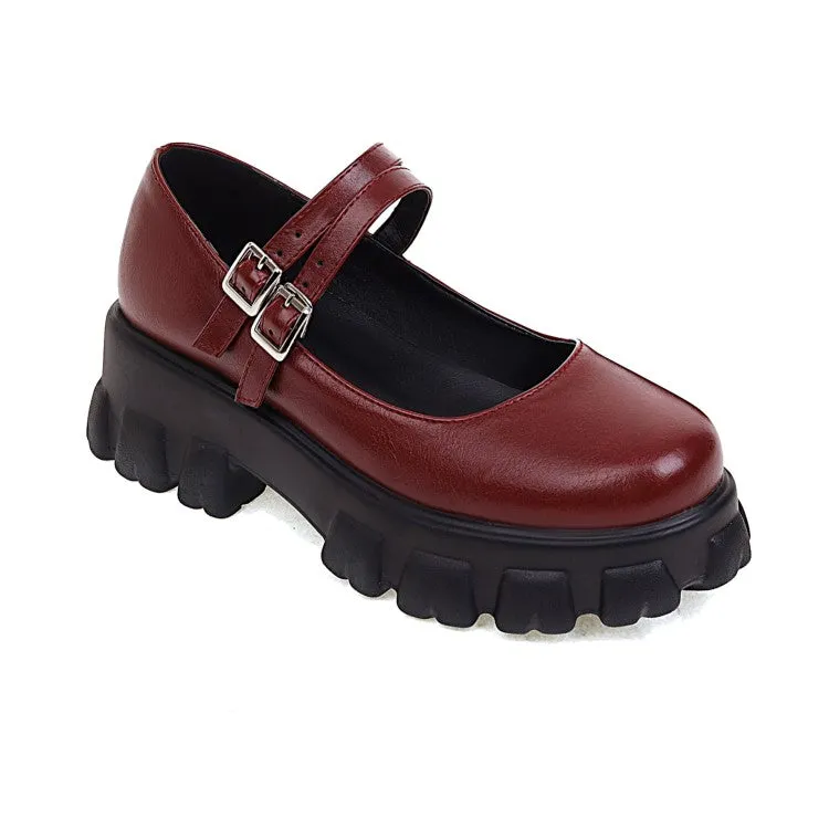 Women's Metal Buckle Platform Block Heel Mary Jane Pumps
