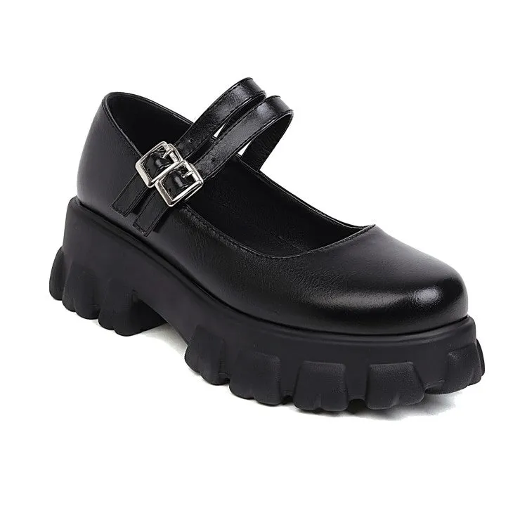Women's Metal Buckle Platform Block Heel Mary Jane Pumps