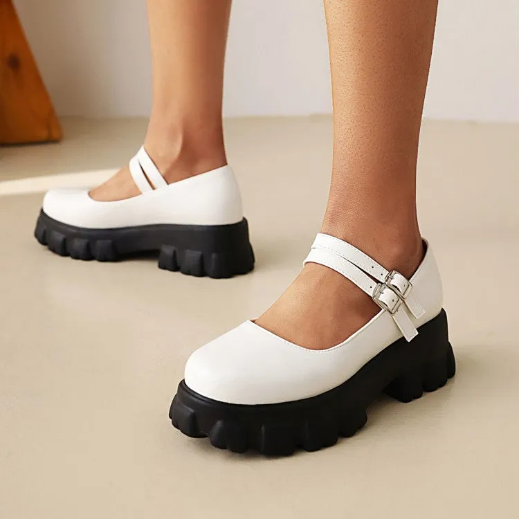 Women's Metal Buckle Platform Block Heel Mary Jane Pumps
