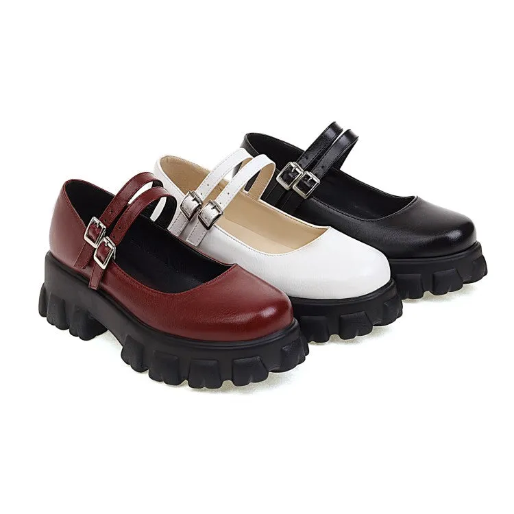 Women's Metal Buckle Platform Block Heel Mary Jane Pumps