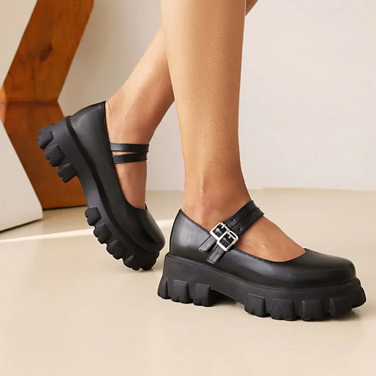 Women's Metal Buckle Platform Block Heel Mary Jane Pumps