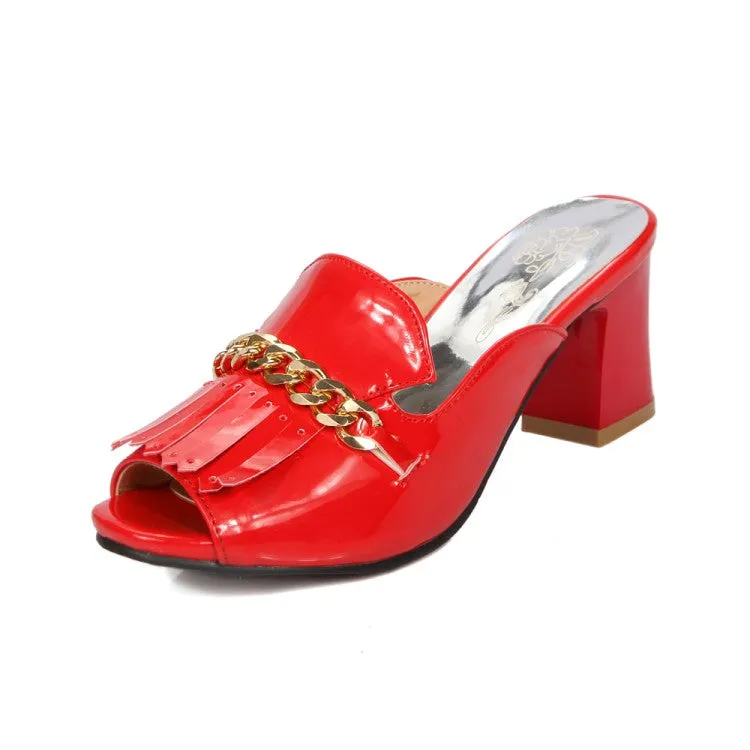 Women's Open Toe Metal Chains Chunky Heel Slides