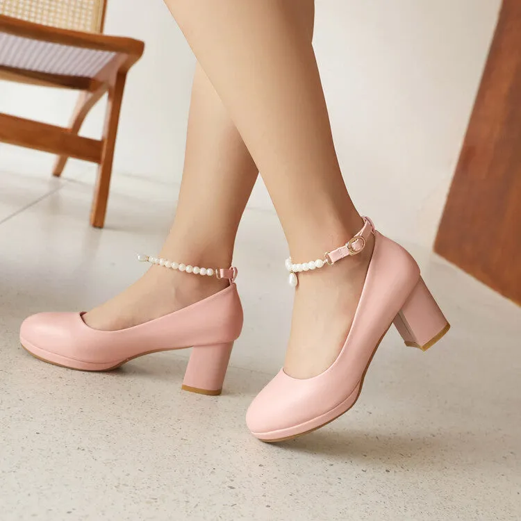 Women's Pearls Bead Ankle Strap Block Heel Platform Pumps