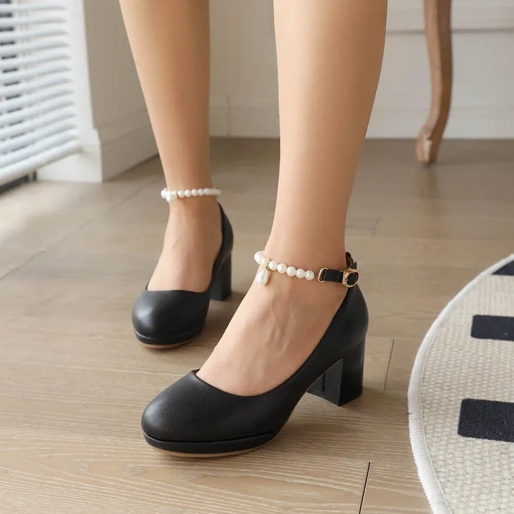 Women's Pearls Bead Ankle Strap Block Heel Platform Pumps