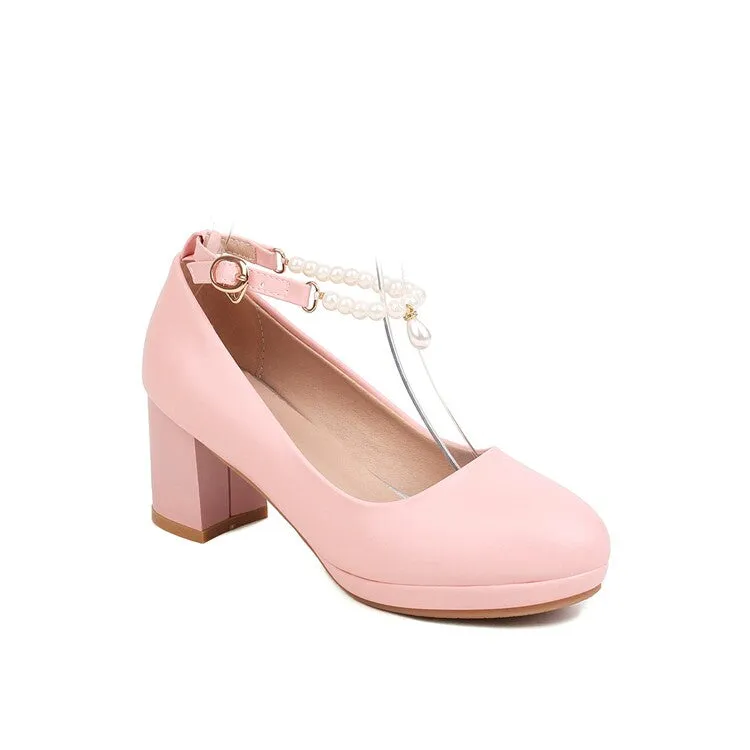 Women's Pearls Bead Ankle Strap Block Heel Platform Pumps