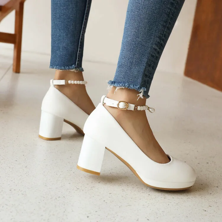 Women's Pearls Bead Ankle Strap Block Heel Platform Pumps