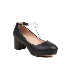 Women's Pearls Bead Ankle Strap Block Heel Platform Pumps