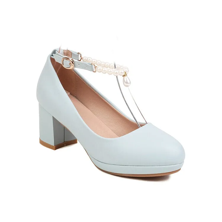 Women's Pearls Bead Ankle Strap Block Heel Platform Pumps
