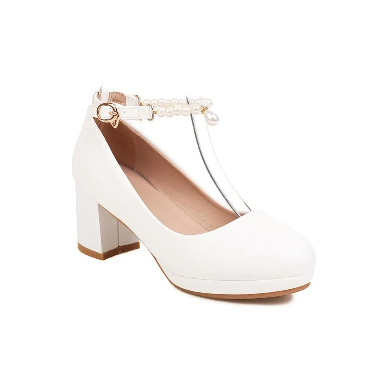 Women's Pearls Bead Ankle Strap Block Heel Platform Pumps