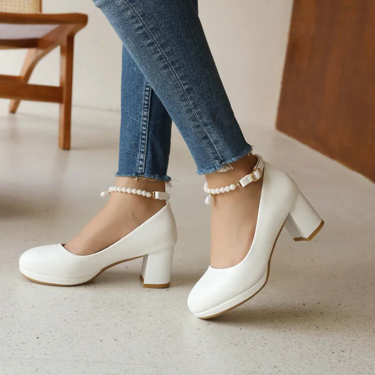 Women's Pearls Bead Ankle Strap Block Heel Platform Pumps