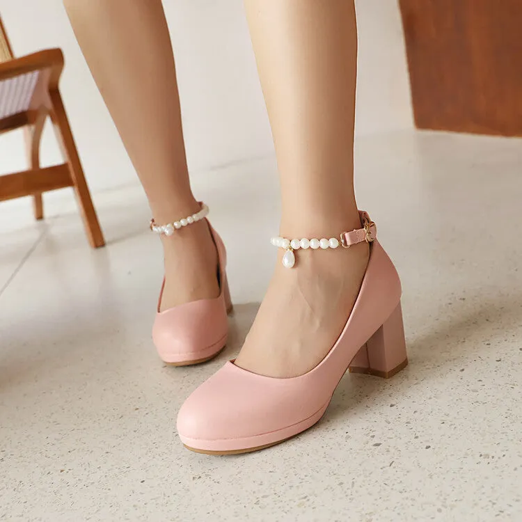 Women's Pearls Bead Ankle Strap Block Heel Platform Pumps