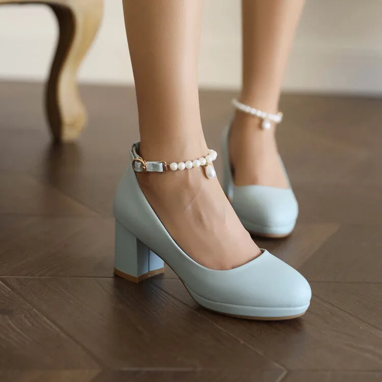 Women's Pearls Bead Ankle Strap Block Heel Platform Pumps