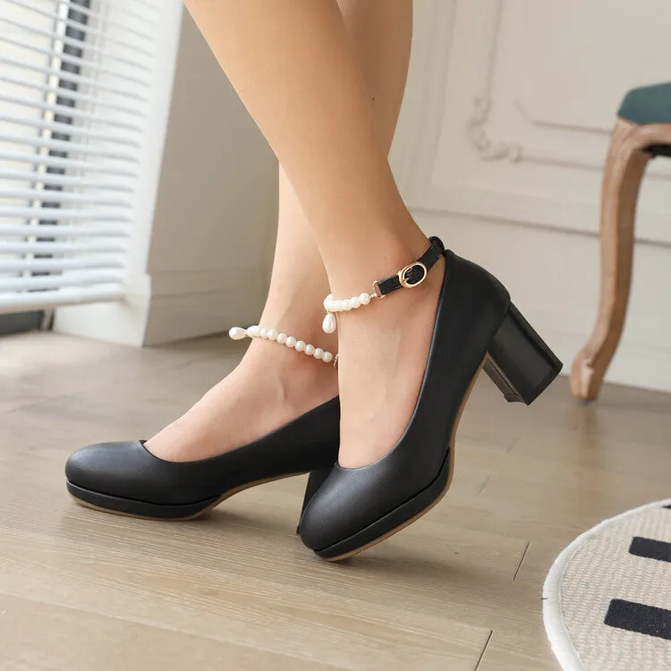 Women's Pearls Bead Ankle Strap Block Heel Platform Pumps