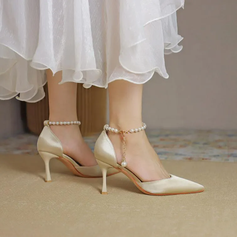 Women's Petite Feet Pearl Ankle Strap Satin Heels TS110