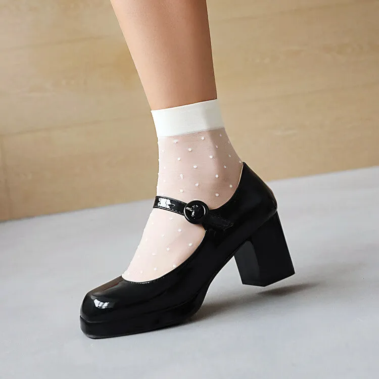 Women's Platform Pumps Glossy Mary Janes Buckle Straps Block Chunky Heel